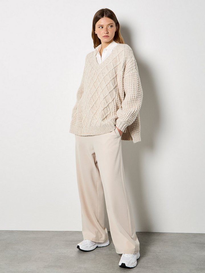 Apricot V-Ausschnitt-Pullover Grobstrickpullover mit Waffel- und Routenmuster von Apricot