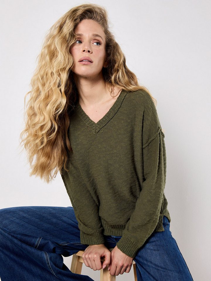 Apricot V-Ausschnitt-Pullover Leichter Baumwollpullover mit sichtbaren Nähten von Apricot