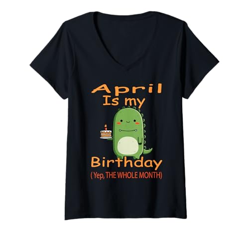 Damen April Geburtstag Dinosaurier mit Kuchen Lustiger Geburtstag T-Shirt mit V-Ausschnitt von April Dinosaur Birthday Cake
