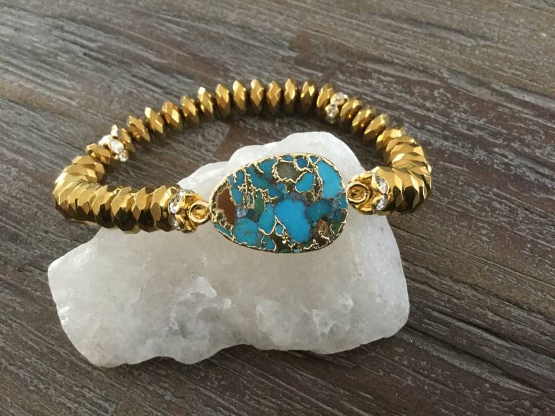 Türkis Armband Gold Hämatit Perlen Stretch Armband Türkis Armband Gold Hämatit Perlen Stretch Armband von AprilSueDesigns