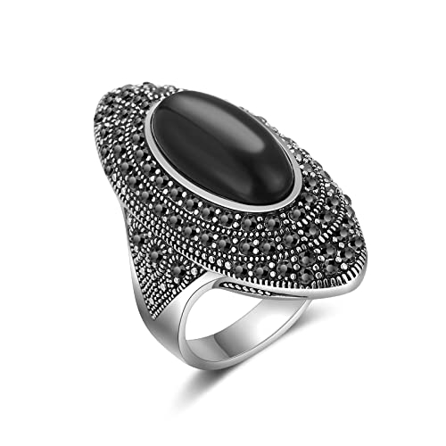 Aprilery Schwarze Retro-Markasit-Ringe für Frauen, modische Cocktail-Statement-Ringe, Kostüm, Vintage-Kristall, große Onyx-Stein-Ringe, Schmuck für Frauen, Geschenke für Thanksgiving, Weihnachten (6) von Aprilery