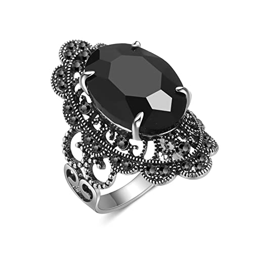 Aprilery Schwarze Retro-Markasit-Ringe für Frauen, modische Cocktail-Statement-Ringe, Kostüm, Vintage-Kristall, große Onyx-Stein-Ringe, Schmuck für Frauen, Geschenke für Thanksgiving, Weihnachten (10) von Aprilery