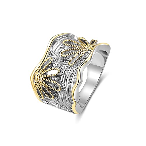 Aprilery Silber- und Gold-Statement-Ringe für Damen, modischer schwarzer Kristall-CZ-Zweigring, Band, Cocktail-Modeschmuck für Teenager-Mädchen, Geschenke für Sie (Hollow Flower, 9) von Aprilery