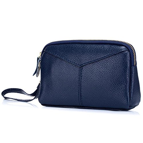 AprinCtempsD Damen Clutch Echt Leder Tasche mit Handschlaufe Elegante Geldbörse Geldbeutel mit Reißverschluss (Blau) von AprinCtempsD