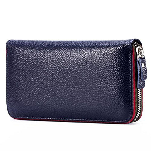 AprinCtempsD Damen Lange Geldbörse Echt Leder Clutch Elegante Geldbeutel Große Kapazität Portemonnaie mit Reißverschluss (Blau) von AprinCtempsD