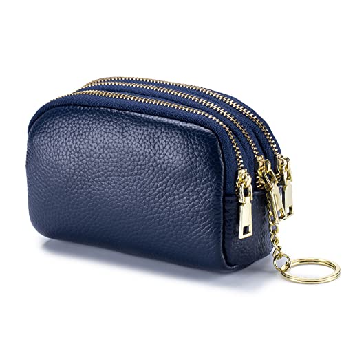 AprinCtempsD Portemonnaie Damen Klein Echtes Leder Geldbörse Mini Kreditkartenetui Kreditkartenhülle Münzbörse mit Schlüsselring Clutch mit 3 Reißverschluss (Blau) von AprinCtempsD