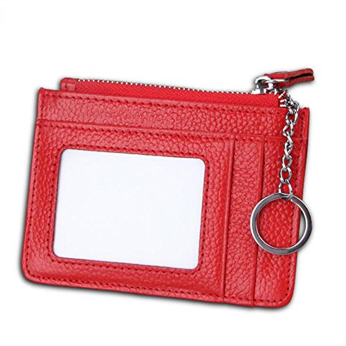 AprinCtempsD RFID Schutz Damen Kreditkartenhülle Slim Echtes Leder Herren Keine Kreditkartenetui Münzbörse Mini Geldbörse Portemonnaie mit Reißverschluss Schlüsselring (Rot) von AprinCtempsD