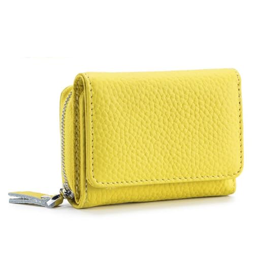 AprinCtempsD RFID Schutz Geldbörse Klein Damen Echt Leder Dreifach Portemonnaie Mini mit Reißverschluss Geldbeutel mit Münzfach (Gelb) von AprinCtempsD