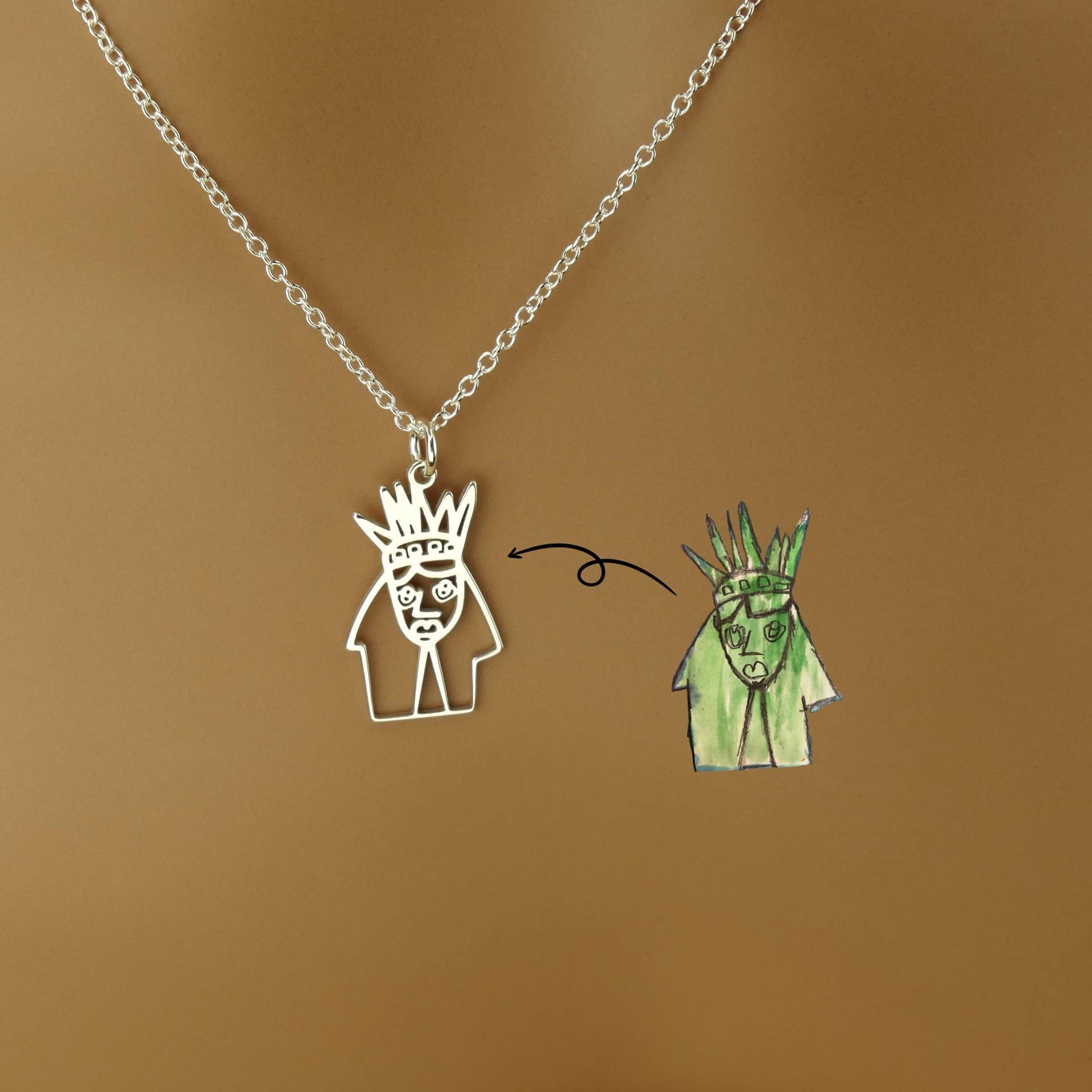 sterling Silber Kinder Kunstwerk Halskette/Tatsächliche Zeichnung Kinderbild Kunst Anhänger Design in Schmuck von Apsleyandheron