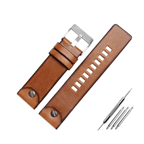 ApuaVireo&Co 22mm 24mm 26mm Leder Uhrenarmband Retro Braun Armband Herrenuhr Ersatzarmband Uhrenzubehör(6020-Brown Silver,26mm) von ApuaVireo&Co