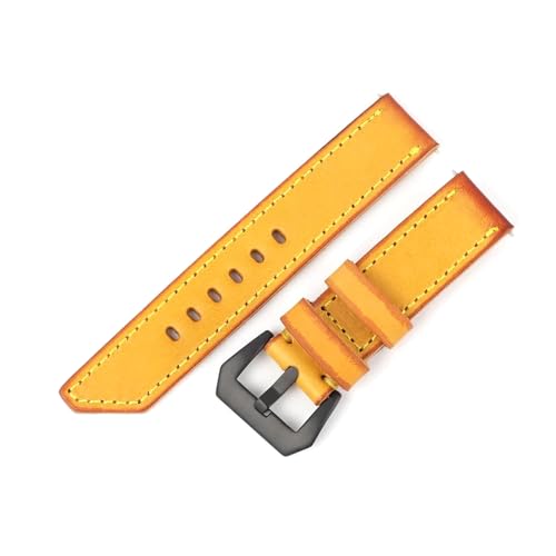ApuaVireo&Co Vintage Leder Gelb Armband 20mm 22mm 24mm 26mm Handgefertigtes Uhrenarmband Herrenuhr Zubehör(Yellow-Black Buckle,24mm) von ApuaVireo&Co
