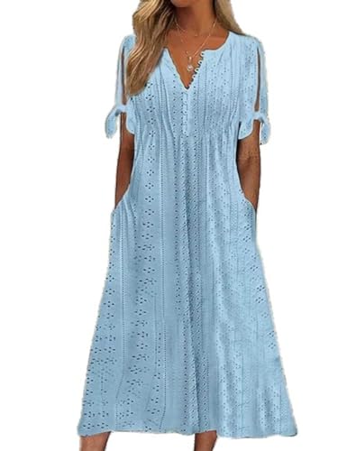 Apvirdy Damen Knopf V-Ausschnitt Sommer Maxikleid Krawatte Kurzarm Ösen Kleider Solide Lose Strandkleid mit Taschen Blau, Blau, Groß von Apvirdy