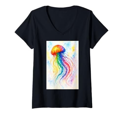 Damen Bunte Quallen Aquarellmalerei T-Shirt mit V-Ausschnitt von Aqua Bloom