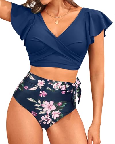 Aqua Eve Bikini mit Rüschen, hohe Taille, zweiteiliger Damen-Badeanzug, Bauchkontrolle, Bikini-Set, Marineblaue Blume, Large von Aqua Eve