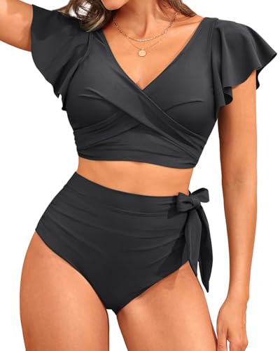 Aqua Eve Bikini mit Rüschen, hohe Taille, Zweiteiliger Damen-Badeanzug, Bauchkontrolle, Bikini-Set, Schwarz, Medium von Aqua Eve