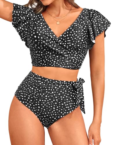 Aqua Eve Bikini mit Rüschen, hohe Taille, Zweiteiliger Damen-Badeanzug, Bauchkontrolle, Bikini-Set, gepunktet, Medium von Aqua Eve