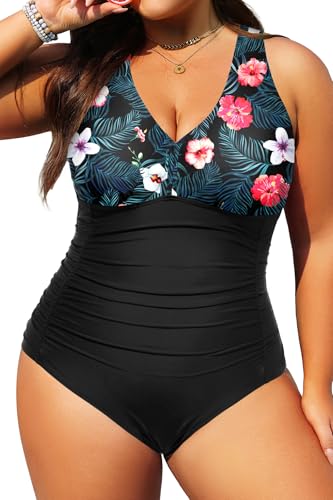 Aqua Eve Damen-Badeanzug, Übergröße, V-Ausschnitt, Bauchkontrolle, Retro, gerüschte Bademode - Schwarz - 44 Mehr von Aqua Eve