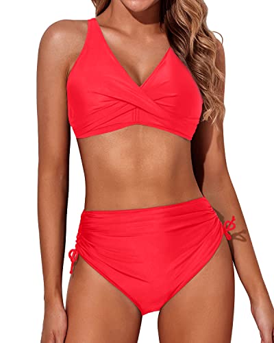 Aqua Eve Damen-Bikini, hohe Taille, gedrehte Vorderseite, Schnürung, Bikini-Top, gerüscht, Push-Up, 2-teiliger Badeanzug, Hot Red, Large von Aqua Eve