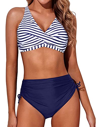 Aqua Eve Damen-Bikini, hohe Taille, gedrehte Vorderseite, Schnürung, Bikini-Top, gerüscht, Push-Up, 2-teiliger Badeanzug, Marineblau gestreift, XL von Aqua Eve