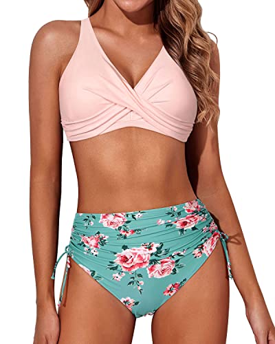 Aqua Eve Damen-Bikini, hohe Taille, gedrehte Vorderseite, Schnürung, Bikinioberteil, gerüscht, Push-up, 2-teiliger Badeanzug, Rosa und Grün mit Blumenmuster, XX-Large von Aqua Eve