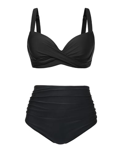 Aqua Eve Damen-Bikini-Set mit Bügel, hohe Taille, zweiteiliger Badeanzug, Bauchkontrolle, Push-Up-Bademode 2025, Schwarz, Large Aqua Eve Damen-Bikini-Set mit Bügel, hohe Taille, zweiteiliger Badeanzug, Bauchkontrolle, Push-Up-Bademode 2025, Schwarz, Large von Aqua Eve