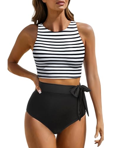 Aqua Eve Damen-Bikini-Set mit hoher Taille, Racerback-Badeanzug, zweiteiliger Badeanzug, hoher Halsausschnitt, Streifen und Schwarz, Medium von Aqua Eve