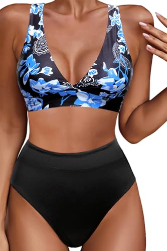 Aqua Eve Damen-Bikini-Set mit hoher Taille, zweiteilig, V-Ausschnitt, moderater Badeanzug, Blaues Paisleymuster, Large Aqua Eve Damen-Bikini-Set mit hoher Taille, zweiteilig, V-Ausschnitt, moderater Badeanzug, Blaues Paisleymuster, Large von Aqua Eve