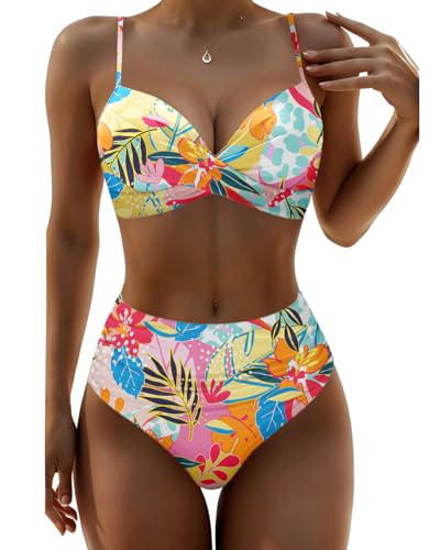 Aqua Eve Damen-Bikini mit Bügel, hohe Taille, Bauchkontrolle, zweiteiliger Badeanzug, Mehrfarbiges Blumenmuster, Large von Aqua Eve