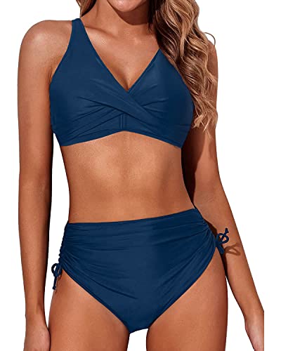 Aqua Eve Damen-Bikini mit hoher Taille, gedrehte Vorderseite, Schnürung, Bikinioberteil, gerüscht, Push-up, 2-teilige Badeanzüge, Indigo Rotblau, XX-Large von Aqua Eve