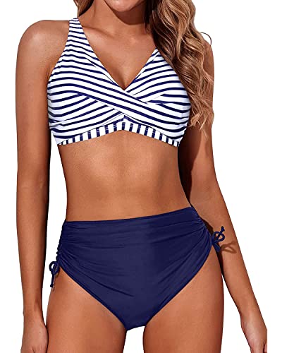 Aqua Eve Damen-Bikini mit hoher Taille, gedrehte Vorderseite, Schnürung, Bikinioberteil, gerüscht, Push-up, 2-teilige Badeanzüge, Marineblau gestreift, Medium von Aqua Eve