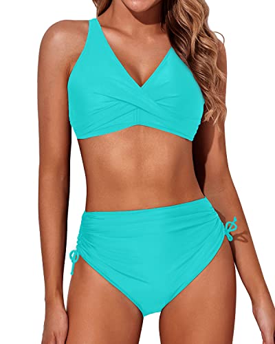 Aqua Eve Damen-Bikini mit hoher Taille, gedrehte Vorderseite, Schnürung, Bikinioberteil, gerüscht, Push-up, 2-teilige Badeanzüge, Mintgrün, XX-Large von Aqua Eve