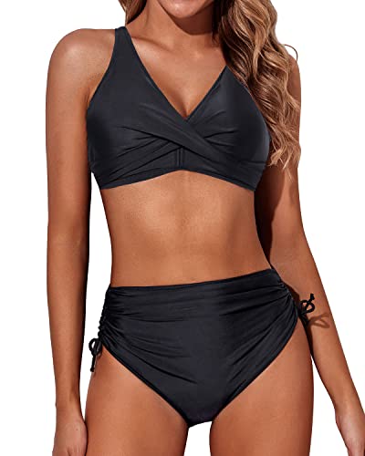 Aqua Eve Damen-Bikini mit hoher Taille, gedrehte Vorderseite, Schnürung, Bikinioberteil, gerüscht, Push-up, 2-teilige Badeanzüge, Schwarz, XX-Small von Aqua Eve