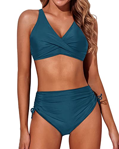 Aqua Eve Damen-Bikini mit hoher Taille, gedrehte Vorderseite, Schnürung, Bikinioberteil, gerüscht, Push-up, 2-teilige Badeanzüge, dunkelgrün, Large von Aqua Eve