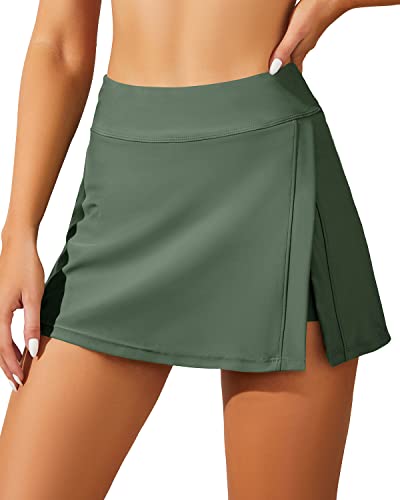 Aqua Eve Badeshorts-Rock für Damen, mit Bauchkontrolle, integrierter Shorts, hoher Bund, geschlitzte Bikinihose, Grün (Army Green), S von Aqua Eve