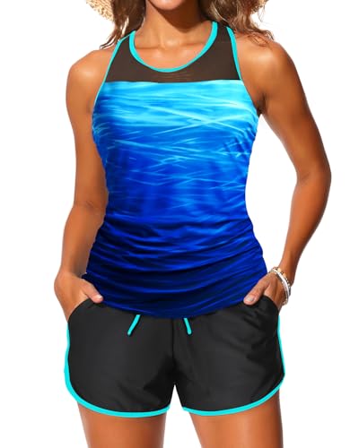 Aqua Eve Damen-Tankini mit Shorts, Bauchkontrolle, zweiteiliger Badeanzug, hoher Halsausschnitt, Badeanzug mit Taschen, 2025 Bademode, Blauer Farbverlauf, Medium von Aqua Eve