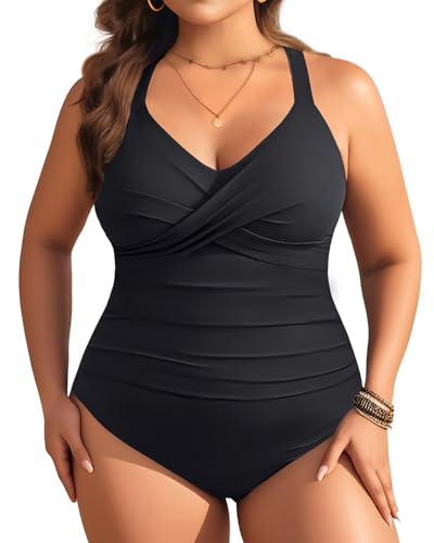 Aqua Eve Einteiliger Badeanzug in Übergröße, für Damen, Bauchkontrolle, Retro, volle Abdeckung, Badebekleidung 2025, Schwarz, 18 Plus von Aqua Eve