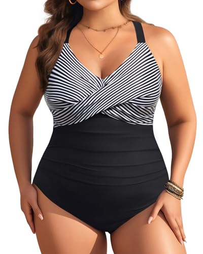 Aqua Eve Einteiliger Badeanzug in Übergröße, für Damen, Bauchkontrolle, Retro, volle Abdeckung, Badebekleidung 2025, Schwarz gestreift, 22 Plus von Aqua Eve