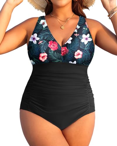 Aqua Eve Einteiliger Damen-Badeanzug, Übergröße, V-Ausschnitt, Bauchkontrolle, Retro-Badeanzug, gerüschte Badebekleidung, Blume - Schwarz, Medium Aqua Eve Einteiliger Damen-Badeanzug, Übergröße, V-Ausschnitt, Bauchkontrolle, Retro-Badeanzug, gerüschte Badebekleidung, Blume - Schwarz, Medium von Aqua Eve