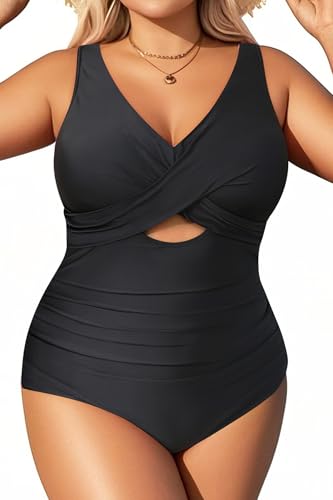 Aqua Eve Frauen Plus Size Einteiler Badeanzüge V-Ausschnitt Bauchkontrolle Badeanzüge Front Cross Bademode, Einfarbig Schwarz, 16 Plus von Aqua Eve