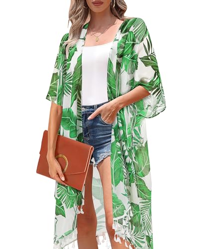 Aqua Eve Kimonos für Damen Sommer Kimono Cardigans Strand Coverup Lange Kimonos, Weiße und grüne Blätter, X-Large Aqua Eve Kimonos für Damen Sommer Kimono Cardigans Strand Coverup Lange Kimonos, Weiße und grüne Blätter, X-Large von Aqua Eve