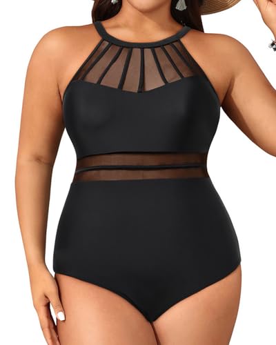 Aqua Eve Damen-Badeanzug, Übergröße, einteilig, Bauchkontrolle, hoher Halsausschnitt, gerüschte Bademode, Einfarbig Schwarz, 18 Plus von Aqua Eve