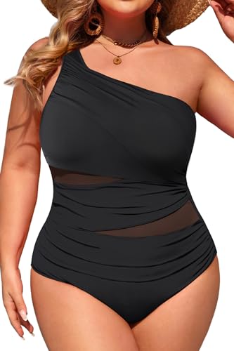 Aqua Eve Plus Size Einteiliger Badeanzug für Frauen Bauchkontrolle Badeanzüge One Shoulder Bademode, Schwarz, Medium von Aqua Eve