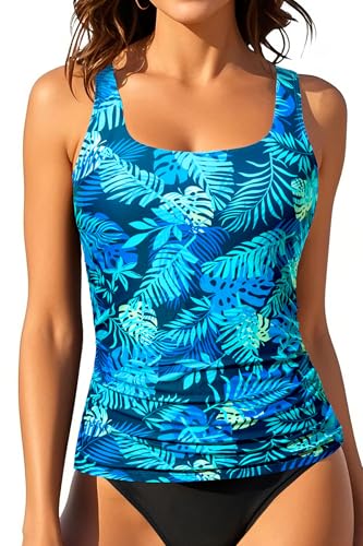 Aqua Eve Tankini-Tops für Damen, Bademode, nur Oberteil, Bauchkontrolle, Badeanzug, Oberteil ohne Unterteil (erhältlich in Plus), Blaue Blätter, XL von Aqua Eve