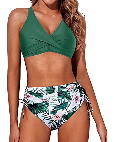 Aqua Eve Women High Waisted Bikini Twist Front Swimsuits Lace up Bikini Tops Ruched Push up 2 Piece Bathing Suits Green Large von Aqua Eve