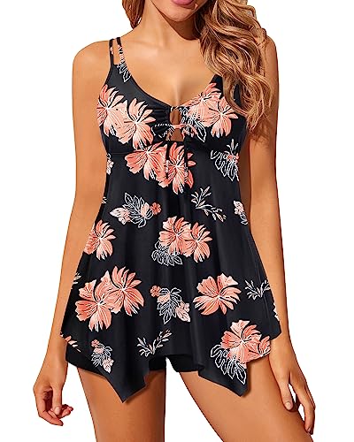 Aqua Eve Zweiteiliger Damen-Tankini, Badeanzug, Bauchkontrolle, Badeanzug, fließendes Bademode, Top mit Shorts, Schwarz und Blumen, Large von Aqua Eve