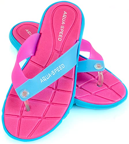 Aqua Speed® Bali Badesandalen (Frauen Zehentrenner Anti-Rutsch-Struktur Schwimmbad Badeurlaub Garten Swimmingpool + UP®-Schlüsselband), Farbe:Pink/Blau;Schuhgröße:37 von Aqua Speed