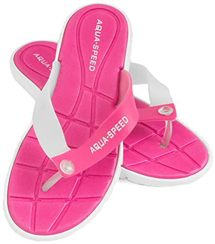 Aqua Speed® Bali Badesandalen (Frauen Zehentrenner Anti-Rutsch-Struktur Schwimmbad Badeurlaub Garten Swimmingpool + UP®-Schlüsselband), Farbe:Pink/Weiß;Schuhgröße:36 von Aqua Speed