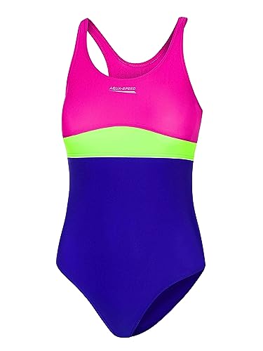 Aqua Speed Badeanzug Einteiler Mädchen Kinder 6/7 Jahre | Wettkampf Schwimmanzug violett grün rosa | mit UV-Schutz | Vorderfutter | Sport Swimwear | 93 Violet - Green - pink | Emily von Aqua Speed