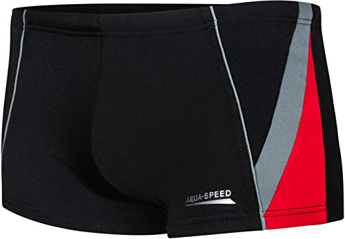 Aqua Speed Badehose Jungen + gratis eBook | Schwimmhosen kurz eng | Boys Badepants | UV Kastenbadehose | Gr. 146 | 136. Schwarz Grau Rot | Diego von Aqua Speed