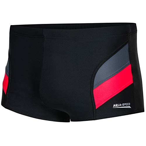 Aqua Speed Badehose für Männer + gratis eBook | Schwimmhose | Schwimmbekleidung | UV Kastenbadehose Wassersport | Aron, Gr. 5XL, Schwarz Grau Rot von Aqua Speed